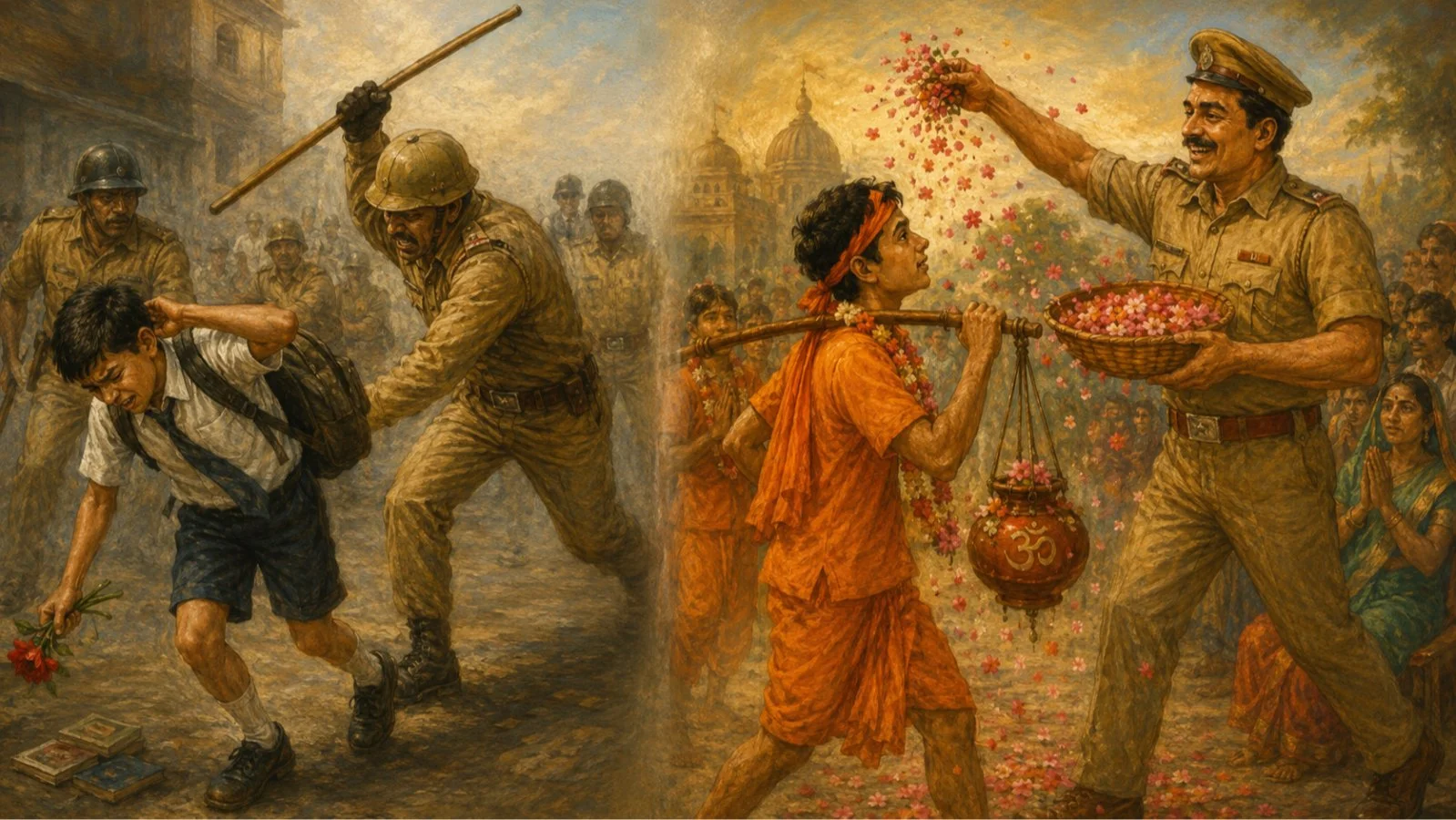 Jantar Mantar Par Students Ko Peetne Wali Police Kanwar Yatriyon Par Phool Barsaa Rahi Hai Jantar Mantar Par Students Ko Peetne Wali Police Kanwar Yatriyon Par Phool Barsaa Rahi Hai