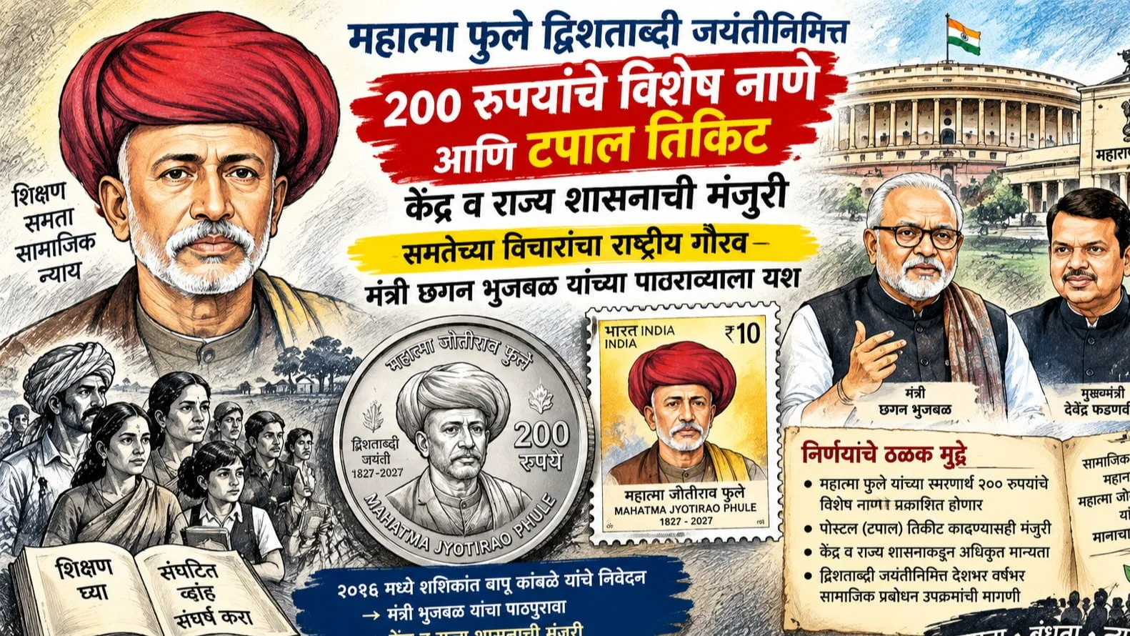 Special Rs 200 Coin and Postal Stamp to Mark Mahatma Phules Bicentenary Centre and State Government Approve